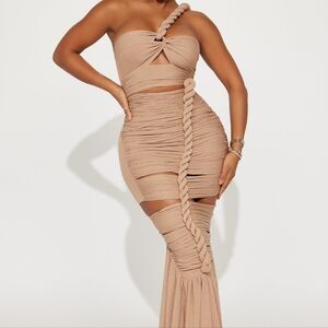 Fashion Nova Elegant Tan One-Shoulder Dress